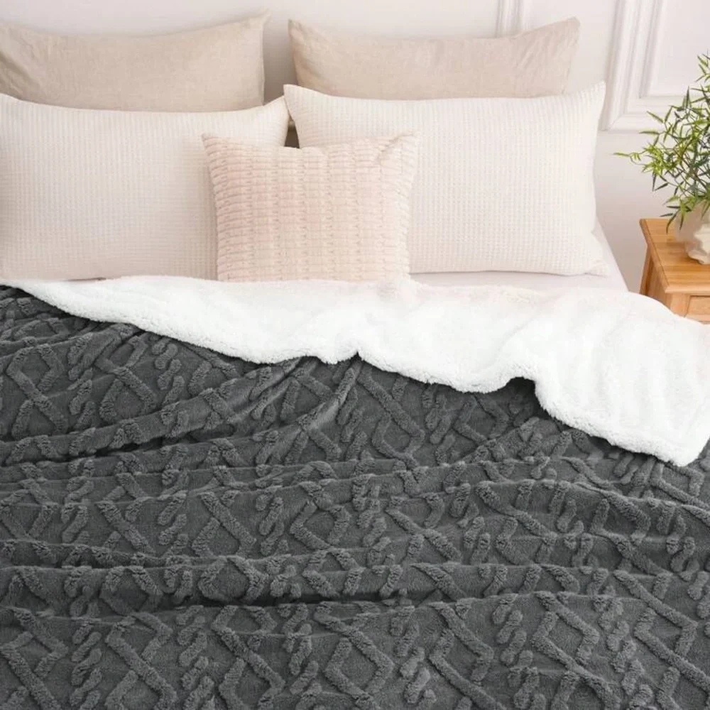 Grey Sherpa Fleece Throw Blanket Cable Knit Pattern 59” x 79” New Fall Winter